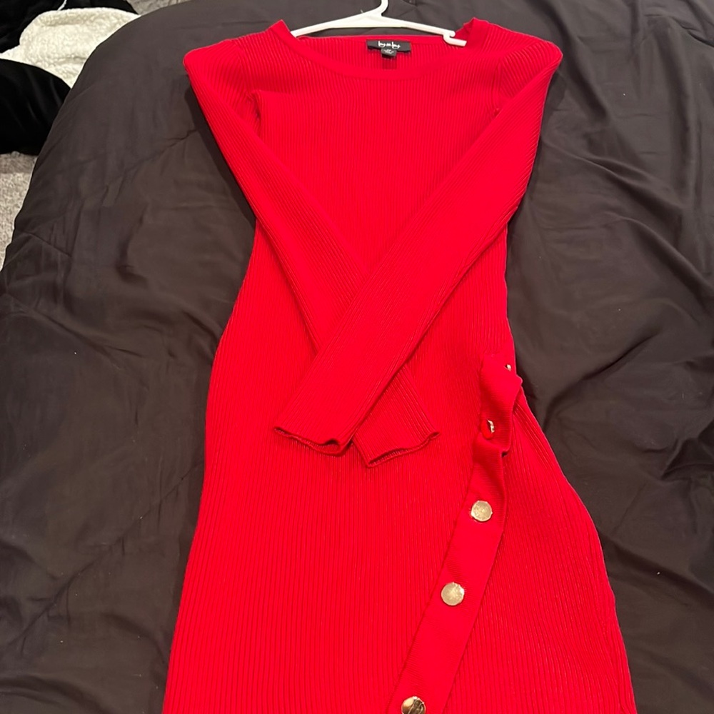 dark red button tight long sleeve dress